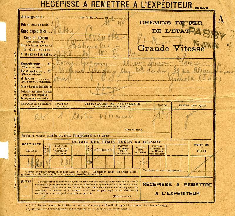 Témoignage de l'activité de messageries de la gare de Passy.