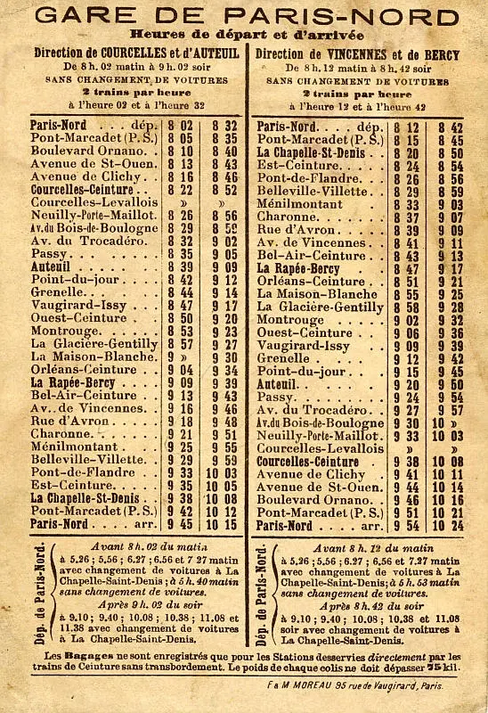 Tableau des horaires du service circulaire de la gare du Nord (entre 1895 et 1900)