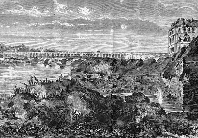 La guerre civile. - Locomotive blindée et cannonières fédérées au viaduc d'Auteuil (d'après nature, par M. Sellier). Tirée du Monde Illustré, numéro 735 du 13 mai 1871.