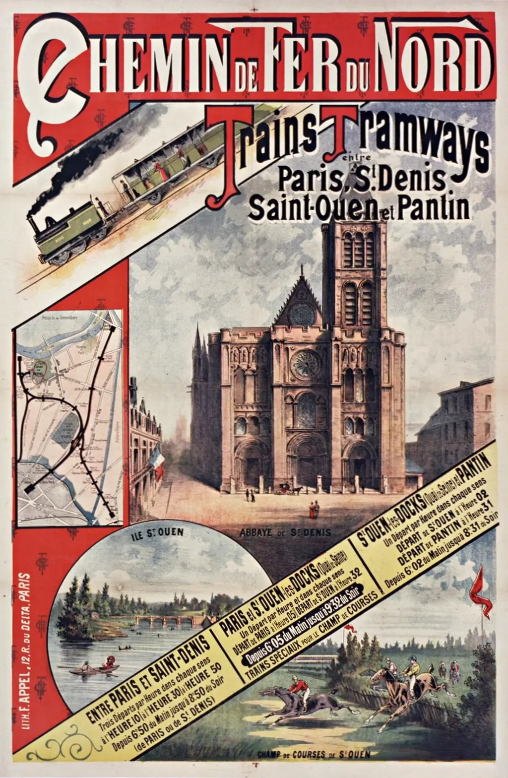 Affiche du Chemin de fer du Nord consacrée aux trains-tramways entre Paris, Saint-Denis, Saint-Ouen et Pantin