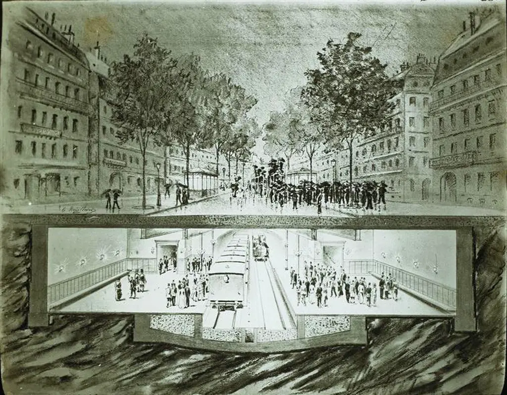 Coupe d'une station souterraine du projet de chemin de fer métropolitain de la Compagnie des Établissements Eiffel