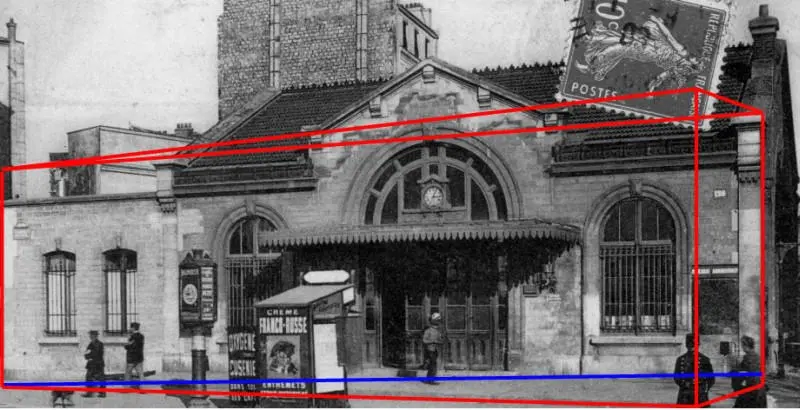 Représentation de l'extension de la gare sur l'avenue de Saint-Ouen sur une vue du bâtiment d'origine.