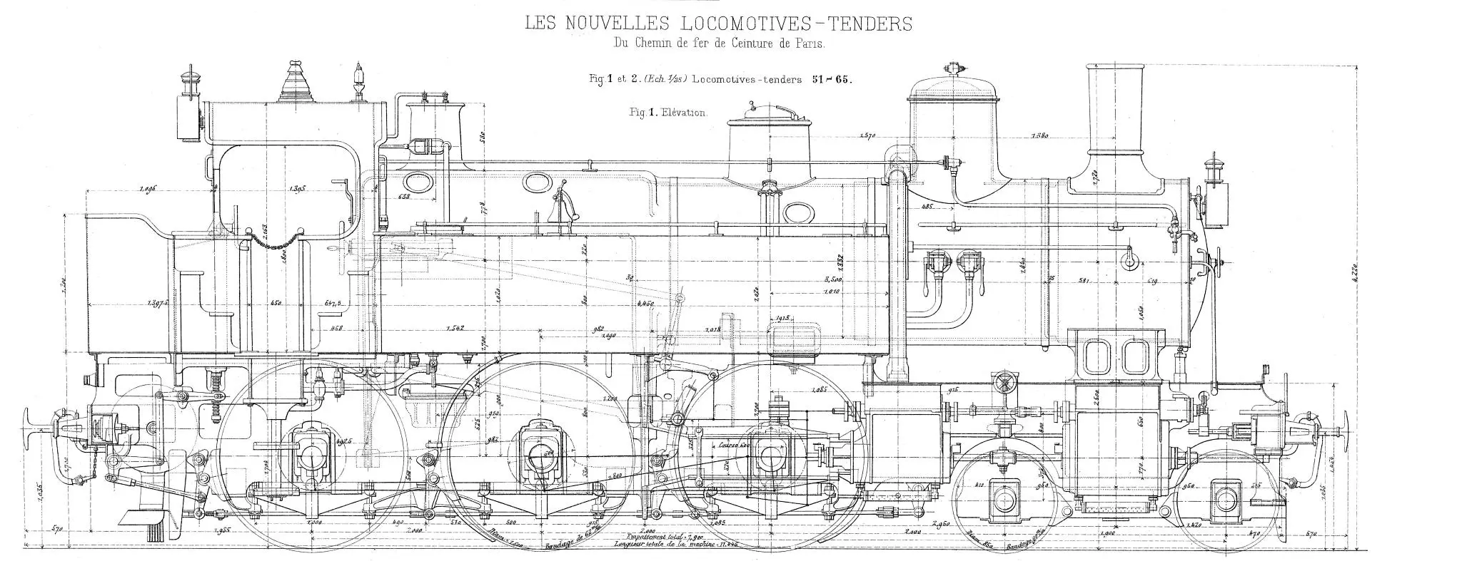 Plan détaillé en élévation des locomotives 230T 51-65 de la Ceinture