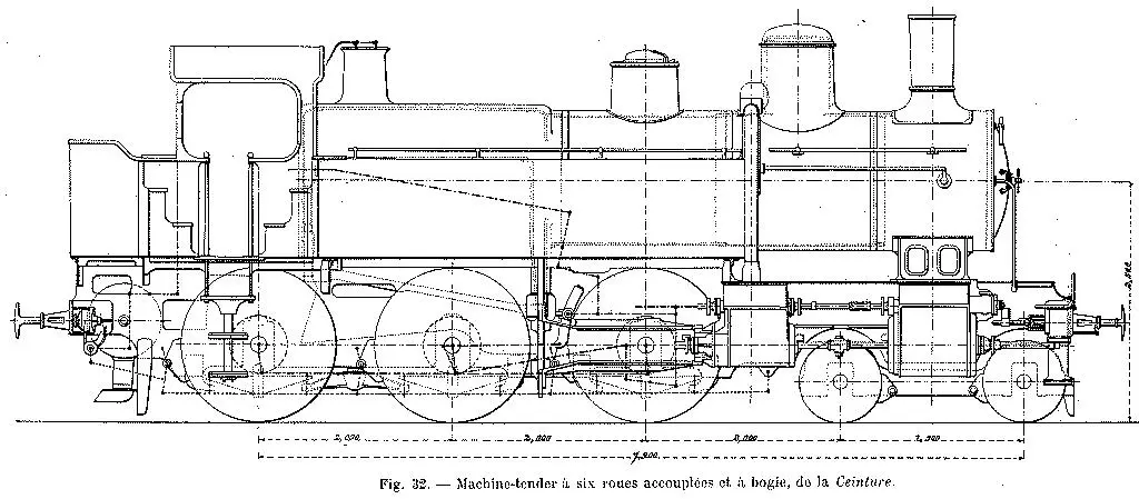 Plan simplifié en élévation des locomotives 230T 51-65 de la Ceinture