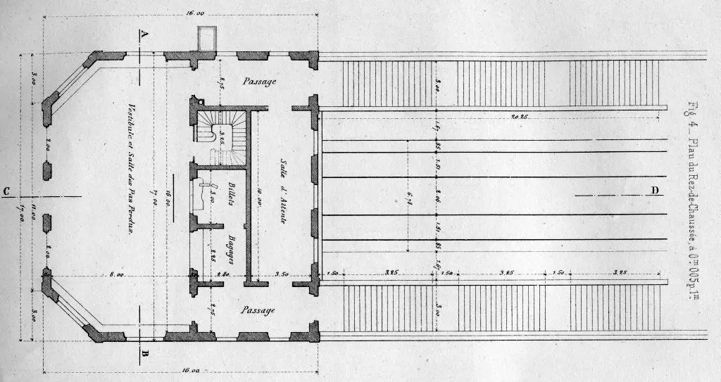 Plan du rez-de-chaussée et des escaliers d'accès aux quais de la gare de Montrouge-Ceinture