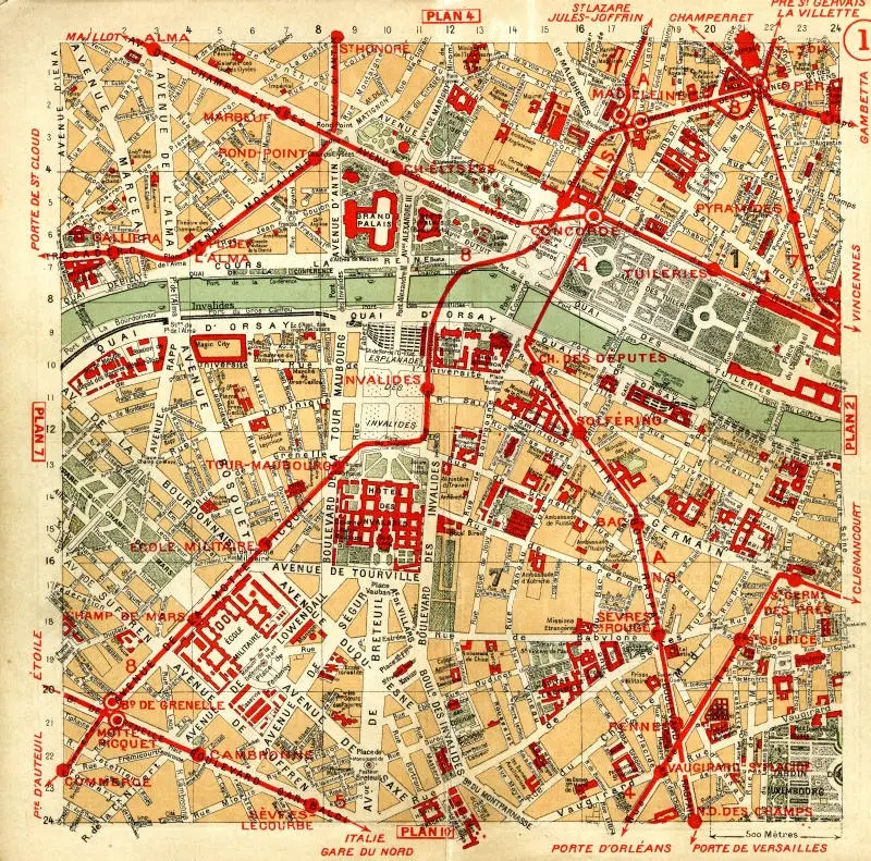 Plan des quartiers centraux de Paris (Louvre et Invalides) 