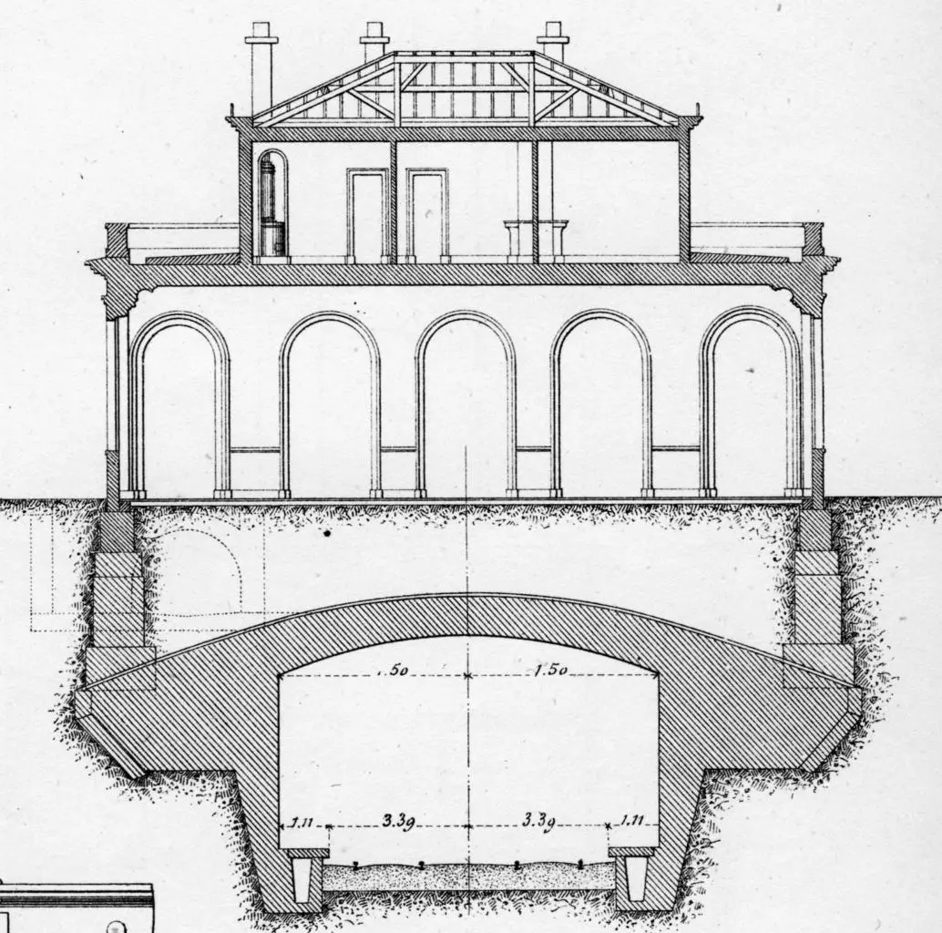 Plan en coupe de la gare-pont en forme de pavillon
