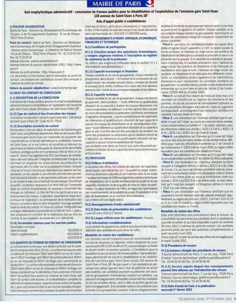 Appel à candidature de la Ville de Paris pour la réhabilitation de la gare de l'avenue de Saint-Ouen (2012)